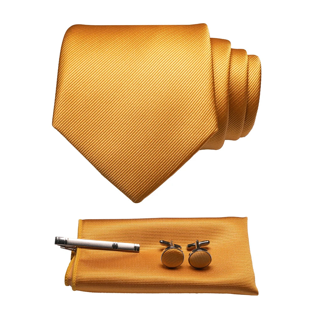 Original New Solid Silk Tie Male Formal Plain Red Necktie Pocket Square Hanky ​​Cufflinks Set for Men Party Wedding