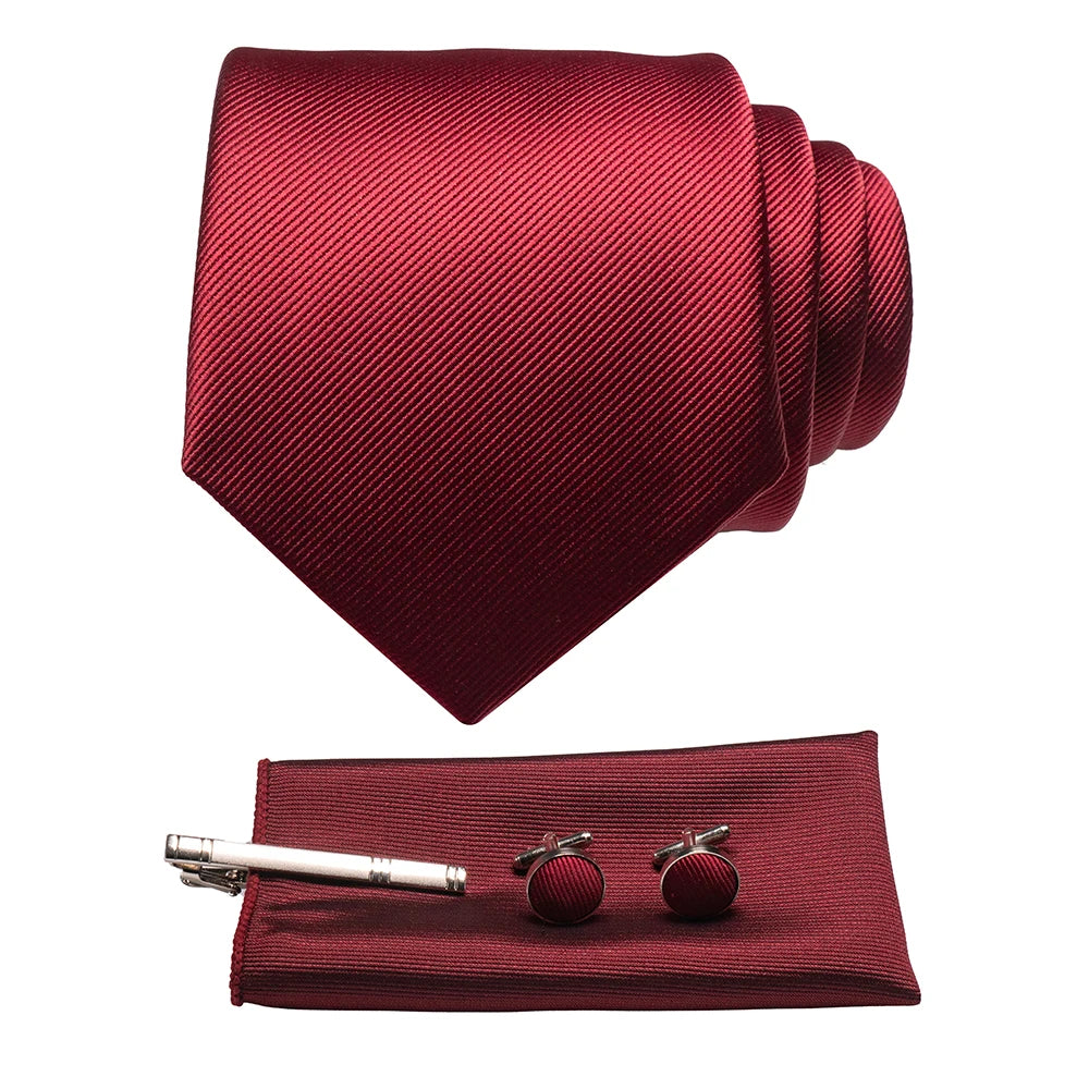 Original New Solid Silk Tie Male Formal Plain Red Necktie Pocket Square Hanky ​​Cufflinks Set for Men Party Wedding