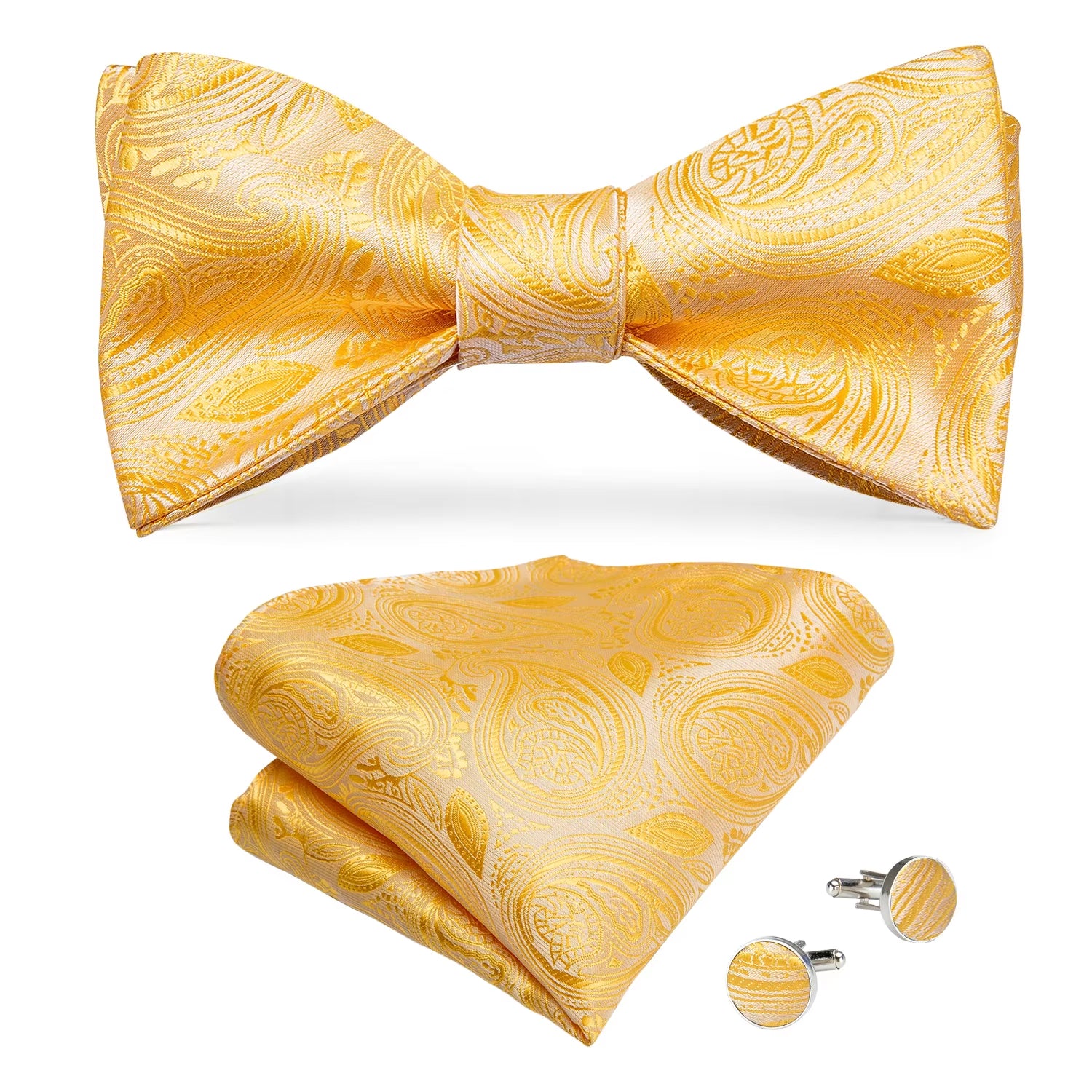 Adjustable Bowties Gold Floral Self Tie Bow Tie Set Pocket Square Wedding Tuxedo Cravat Bow Tie Formal Male Neckwear