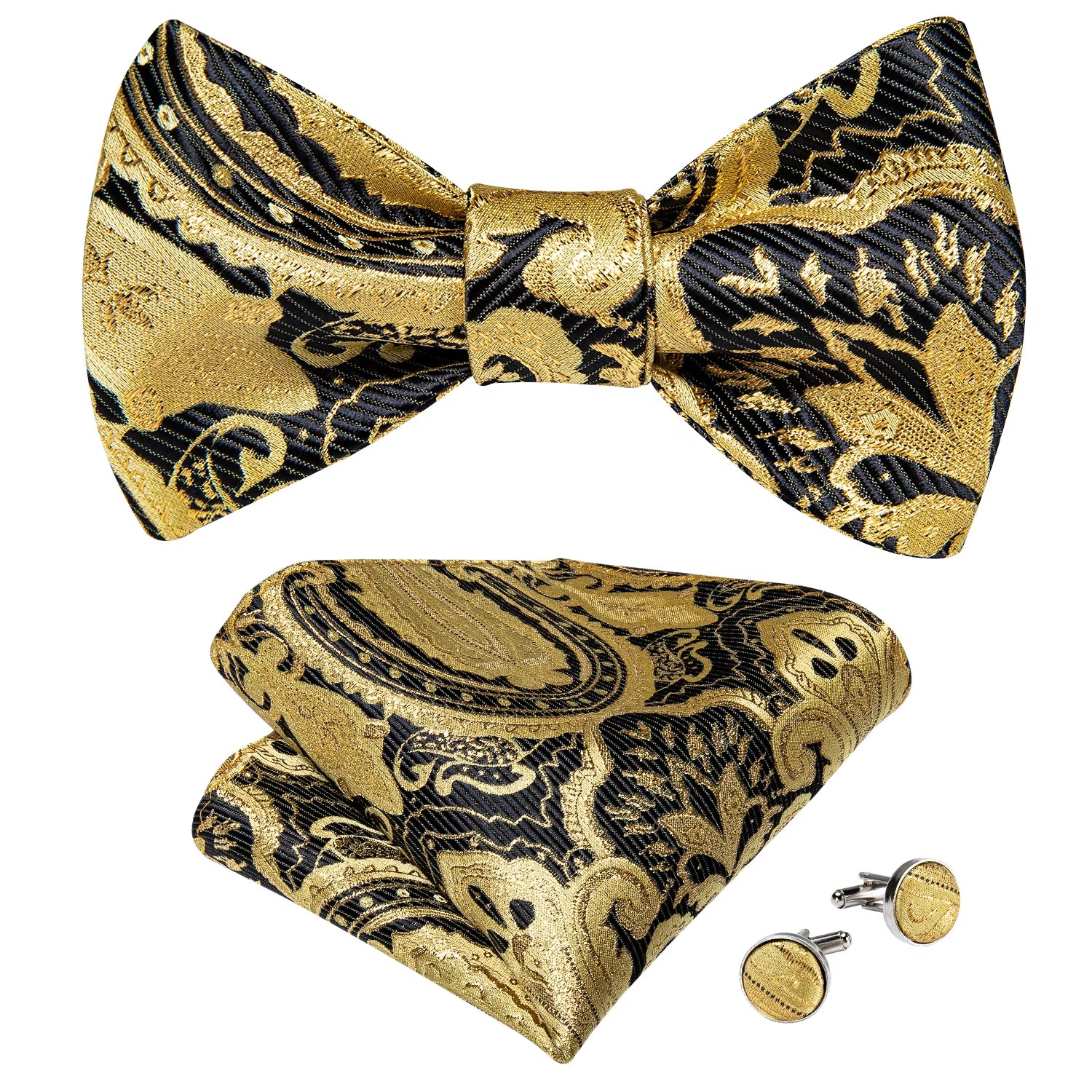 Adjustable Bowties Gold Floral Self Tie Bow Tie Set Pocket Square Wedding Tuxedo Cravat Bow Tie Formal Male Neckwear